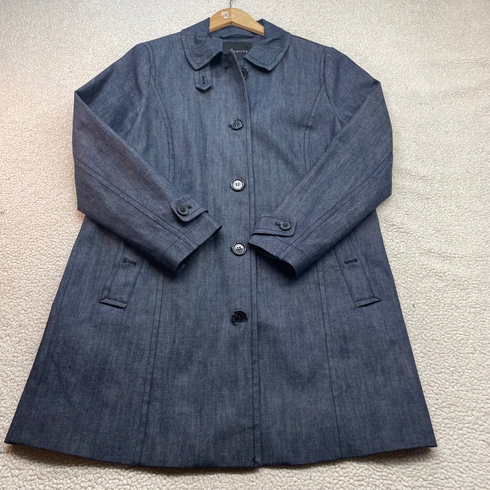 Talbots Trench Coat Womens M Blue Denim ID245 04/21 Single Breasted Cotton Blend